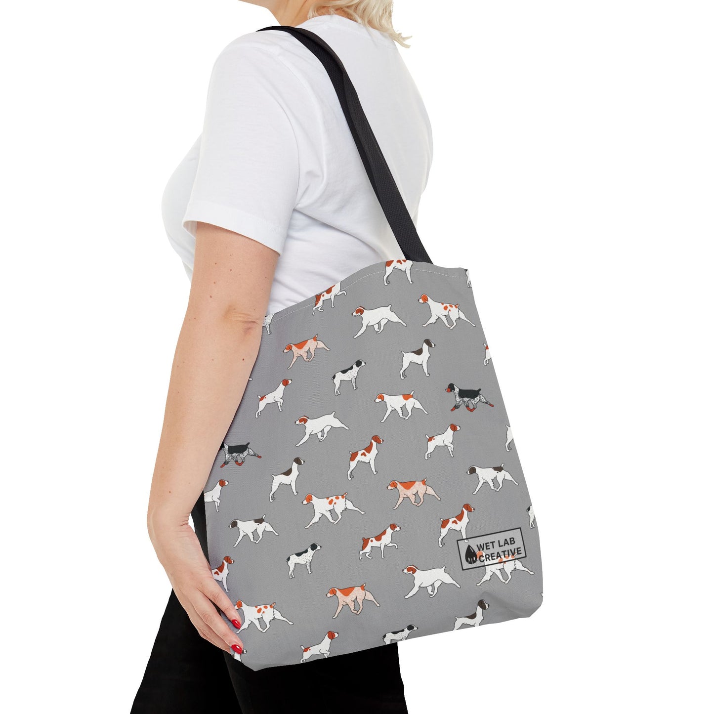 Brittany Breed Dog Pattern Tote Bag in Navy Teal Pink and Gray