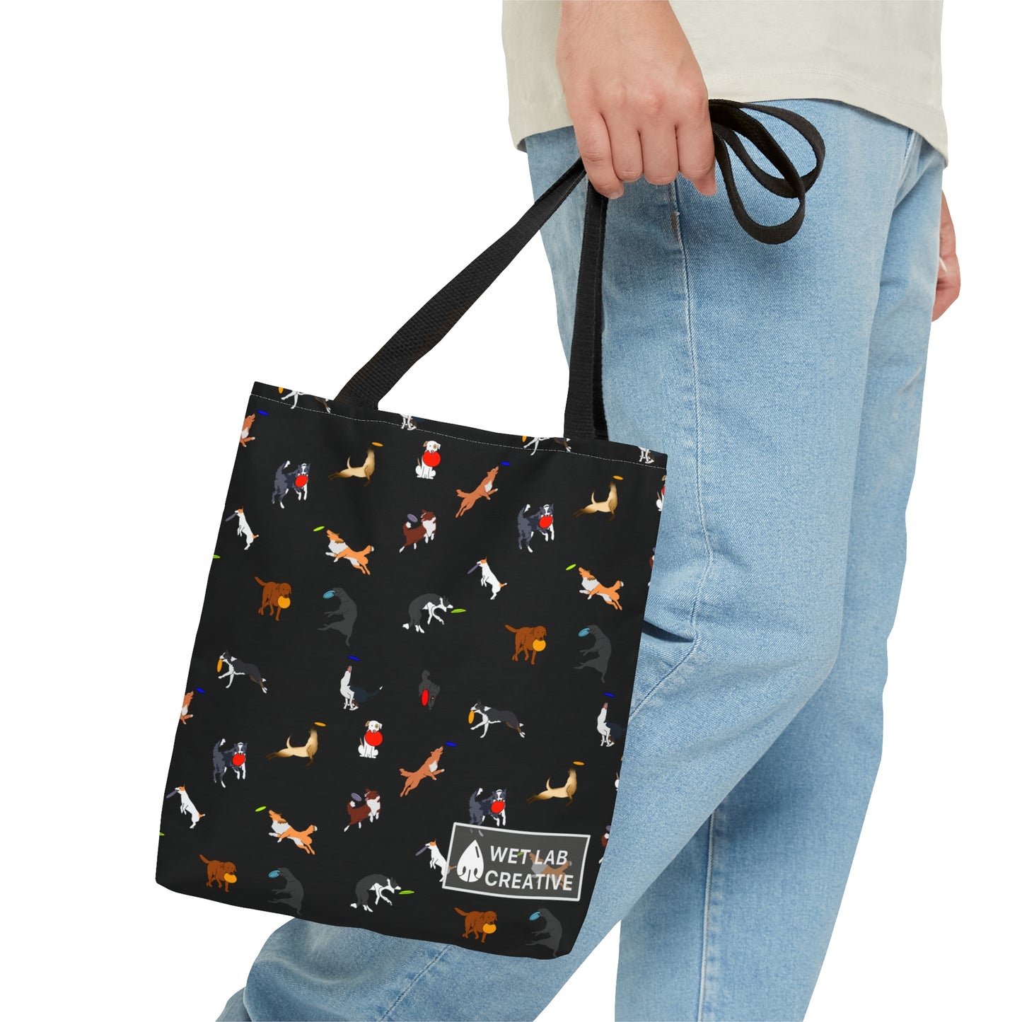 Frisbee Disc Dog Pattern Tote Bag in Black Gray Purple and Dusky Blue