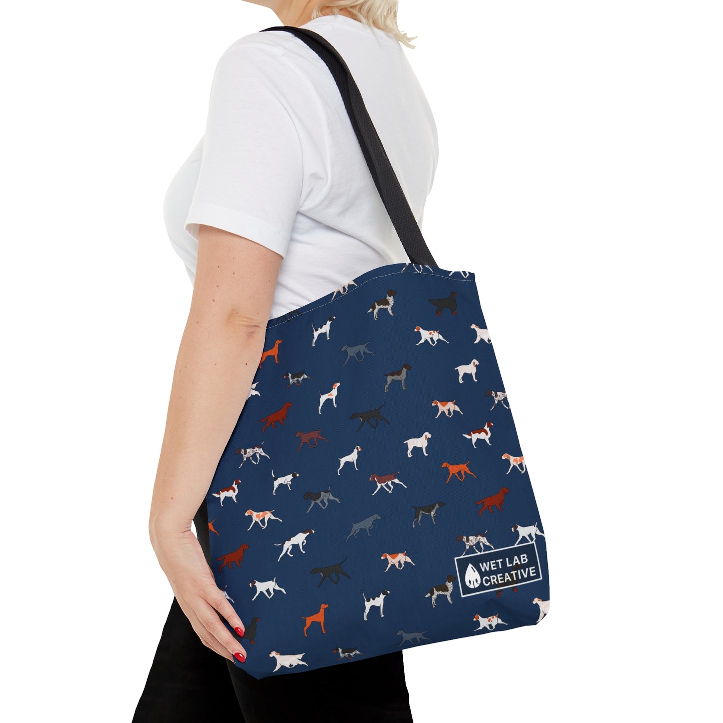 Pointing Breeds Dog Pattern Tote Bag in White, Green, Blue and Grey