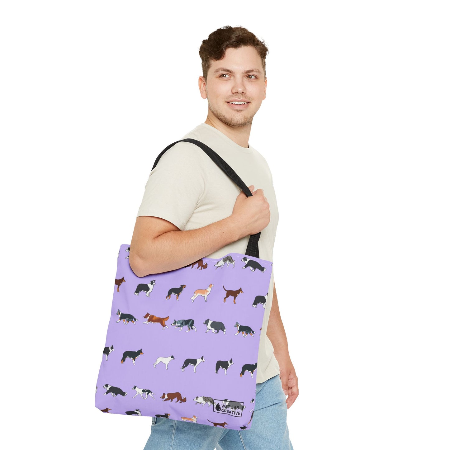 Border collie Breed Pattern Tote Bag in Lavender Dusky Blue and Gray