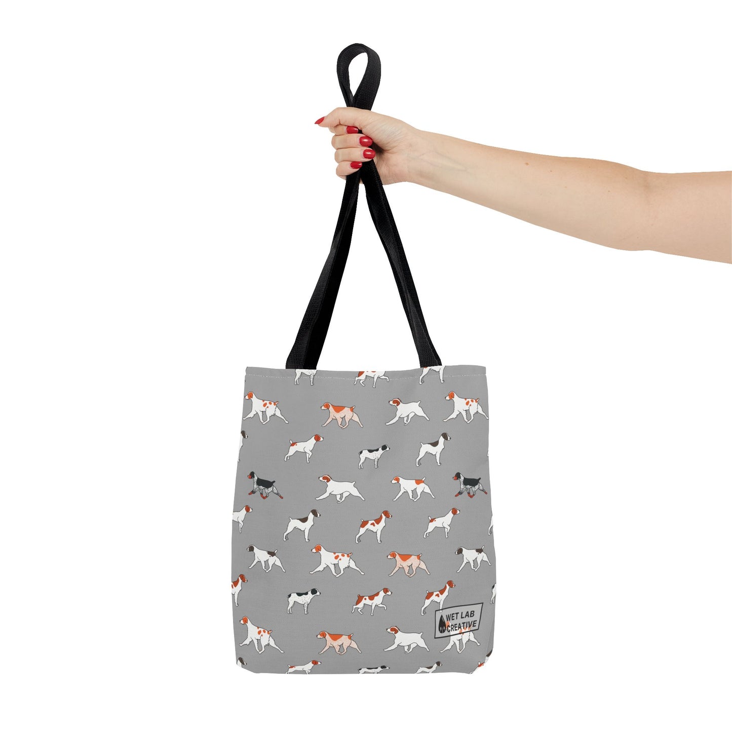 Brittany Breed Dog Pattern Tote Bag in Navy Teal Pink and Gray