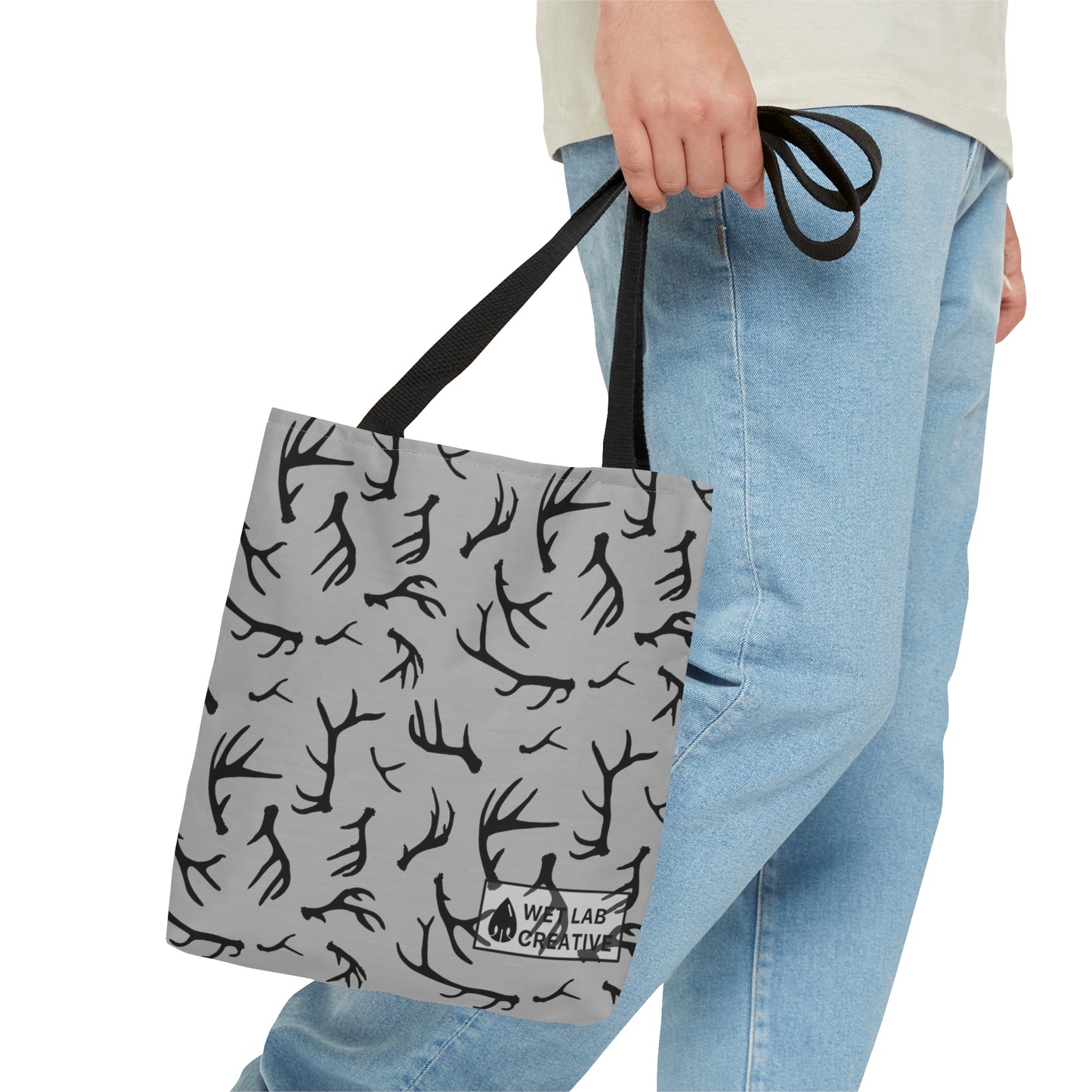 Deer Antler Shed Dog Pattern Tote Bag in Gray Orange Navy and Teal