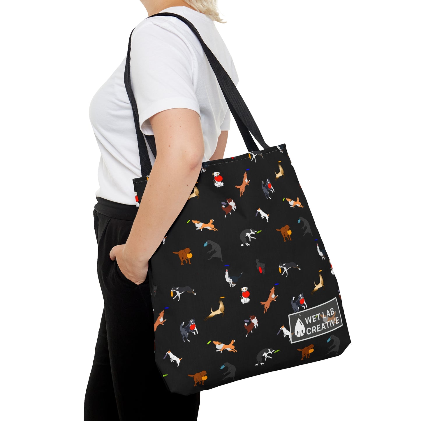 Frisbee Disc Dog Pattern Tote Bag in Black Gray Purple and Dusky Blue