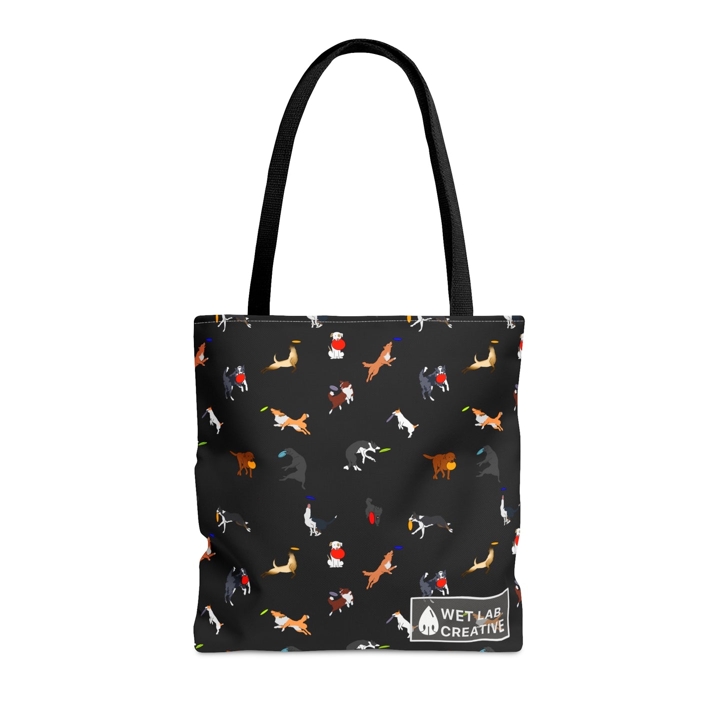 Frisbee Disc Dog Pattern Tote Bag in Black Gray Purple and Dusky Blue