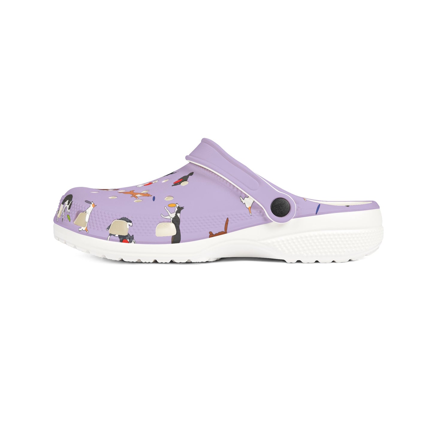 Disc Frisbee Dog Pattern | EVA Foam Clogs Crocs Shoes in Lavender Teal Black and White
