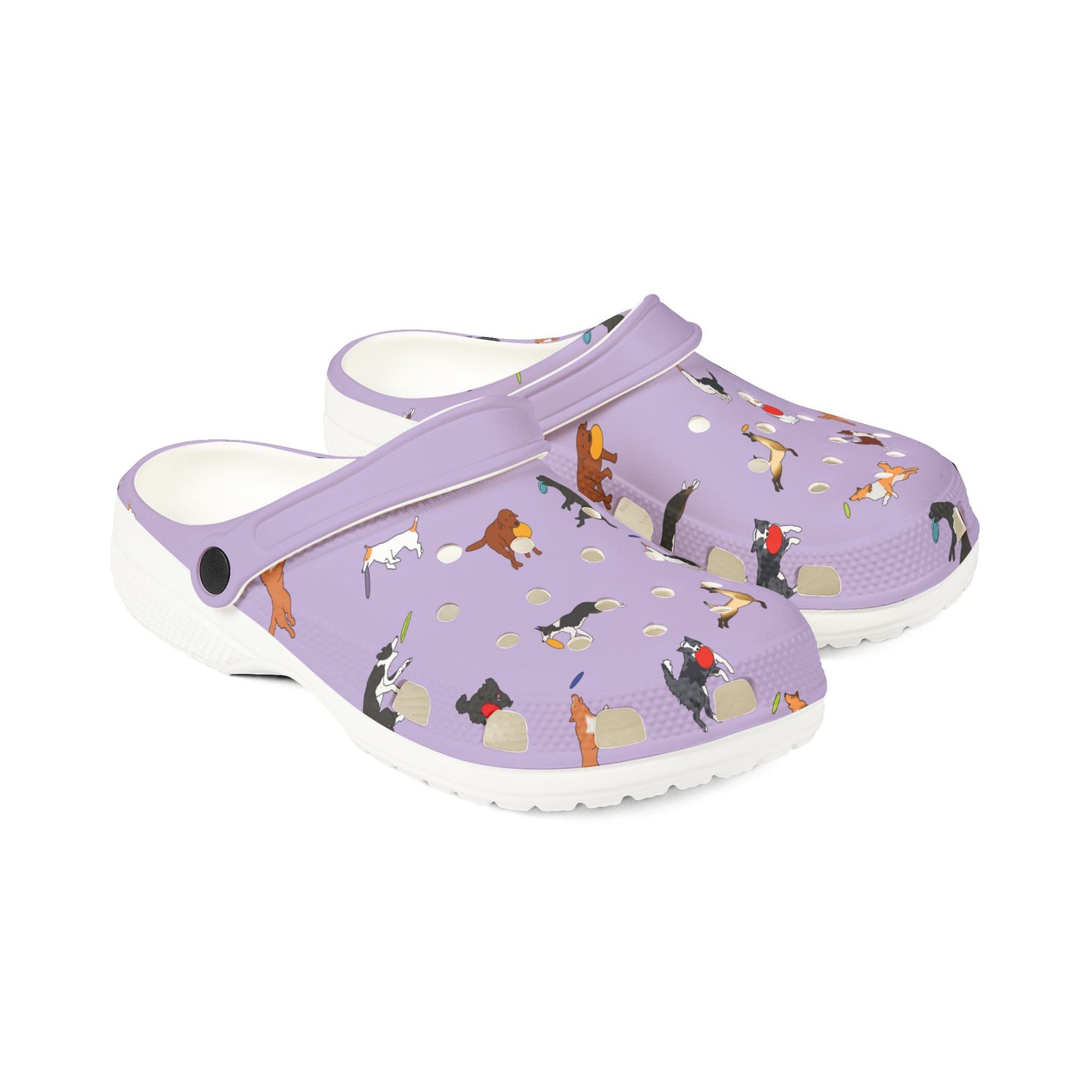 Disc Frisbee Dog Pattern | EVA Foam Clogs Crocs Shoes in Lavender Teal Black and White