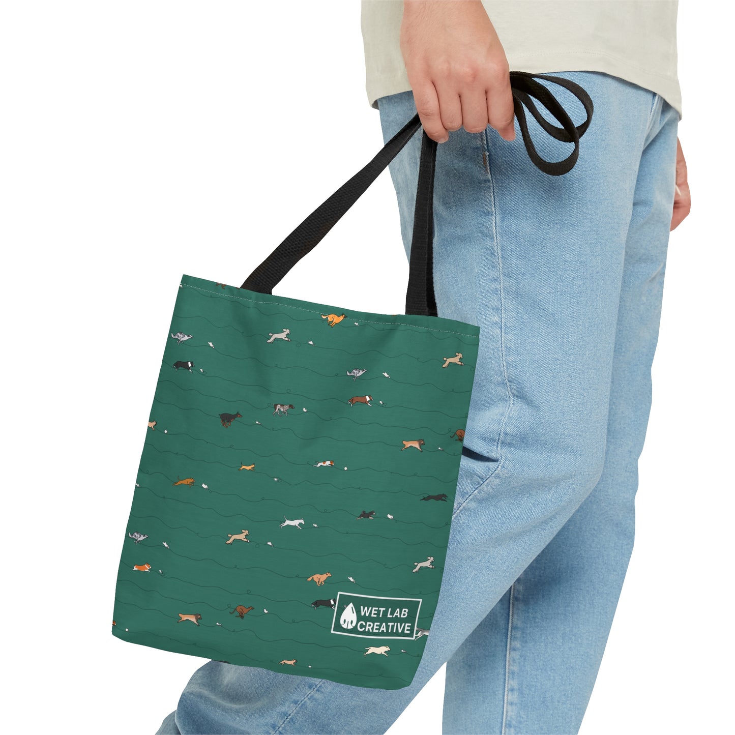 FastCAT Dog Pattern Tote Bag in Teal Gray Lavender and Navy