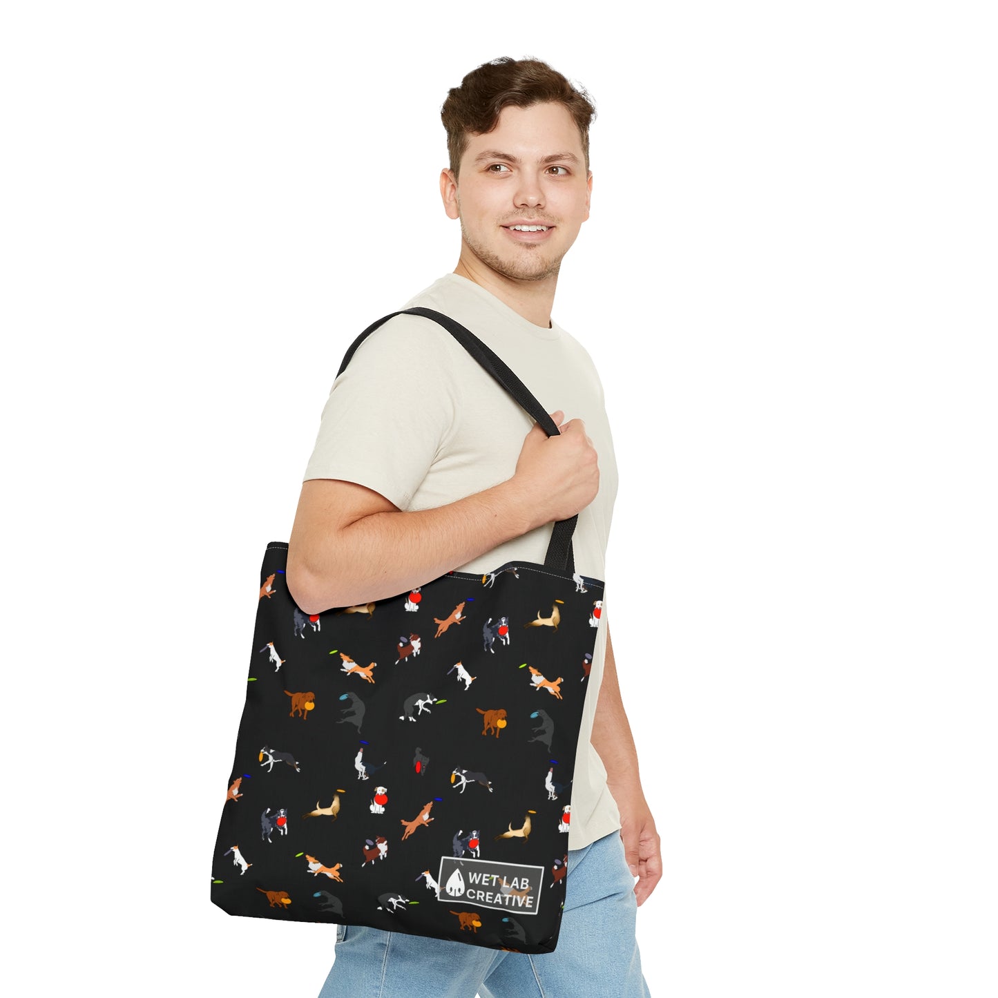 Frisbee Disc Dog Pattern Tote Bag in Black Gray Purple and Dusky Blue