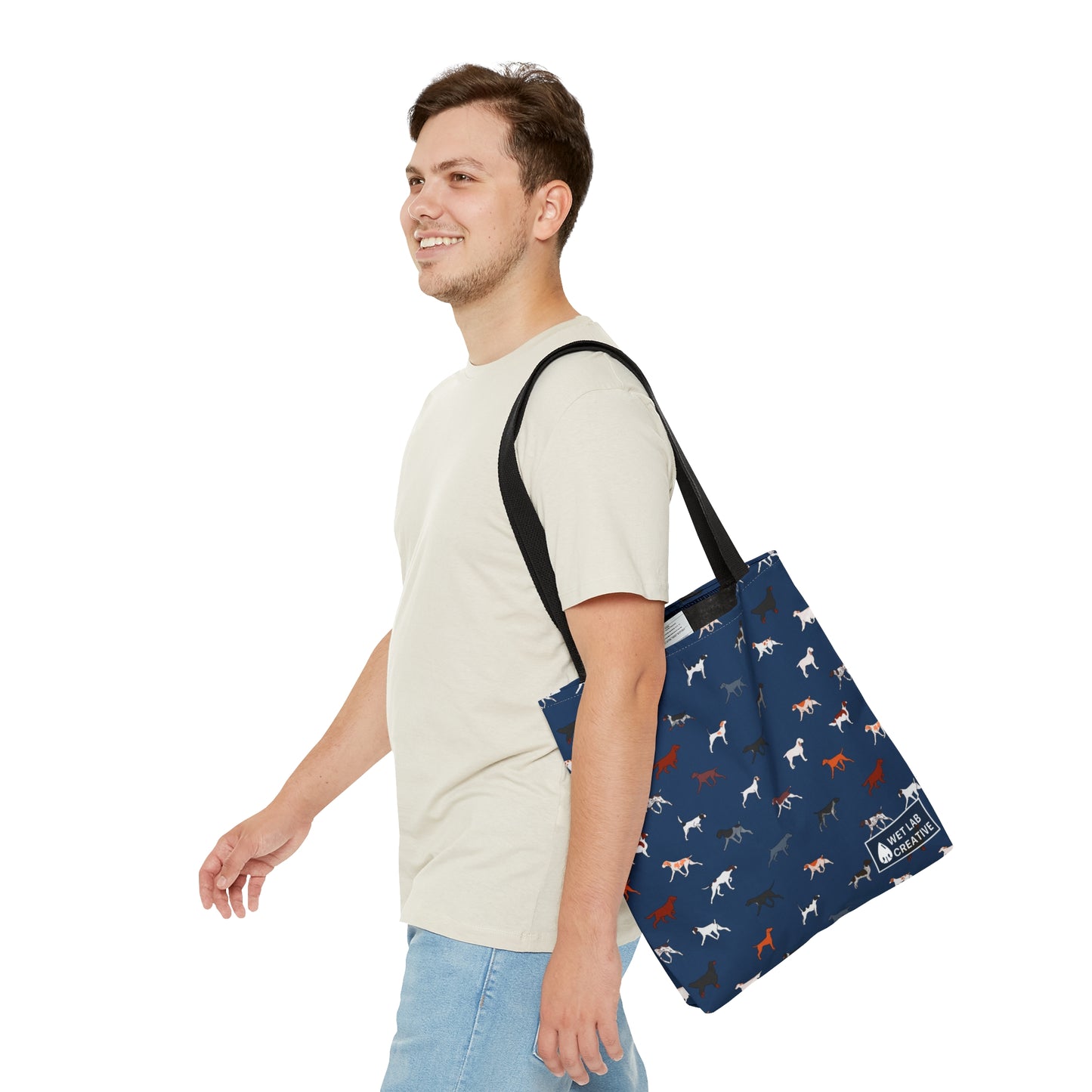 Pointing Breeds Dog Pattern Tote Bag in White, Green, Blue and Grey