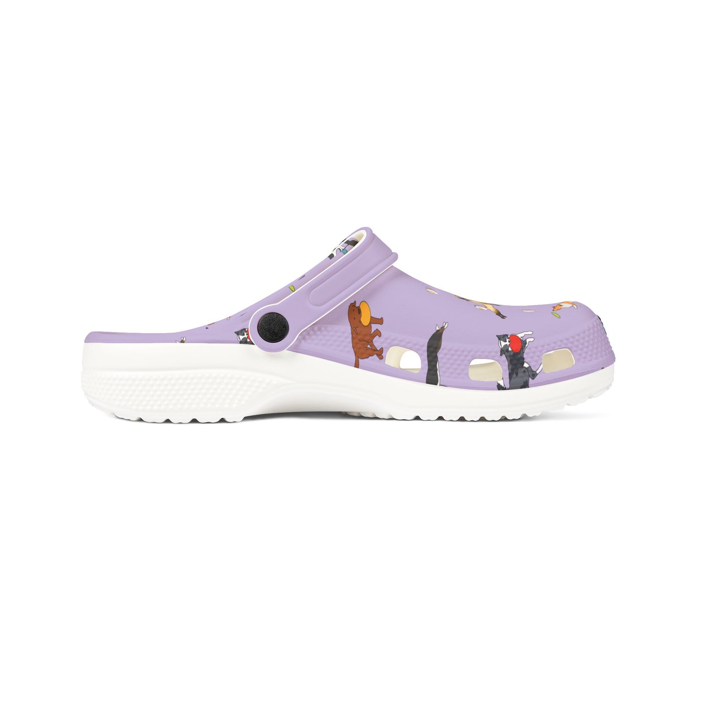 Disc Frisbee Dog Pattern | EVA Foam Clogs Crocs Shoes in Lavender Teal Black and White
