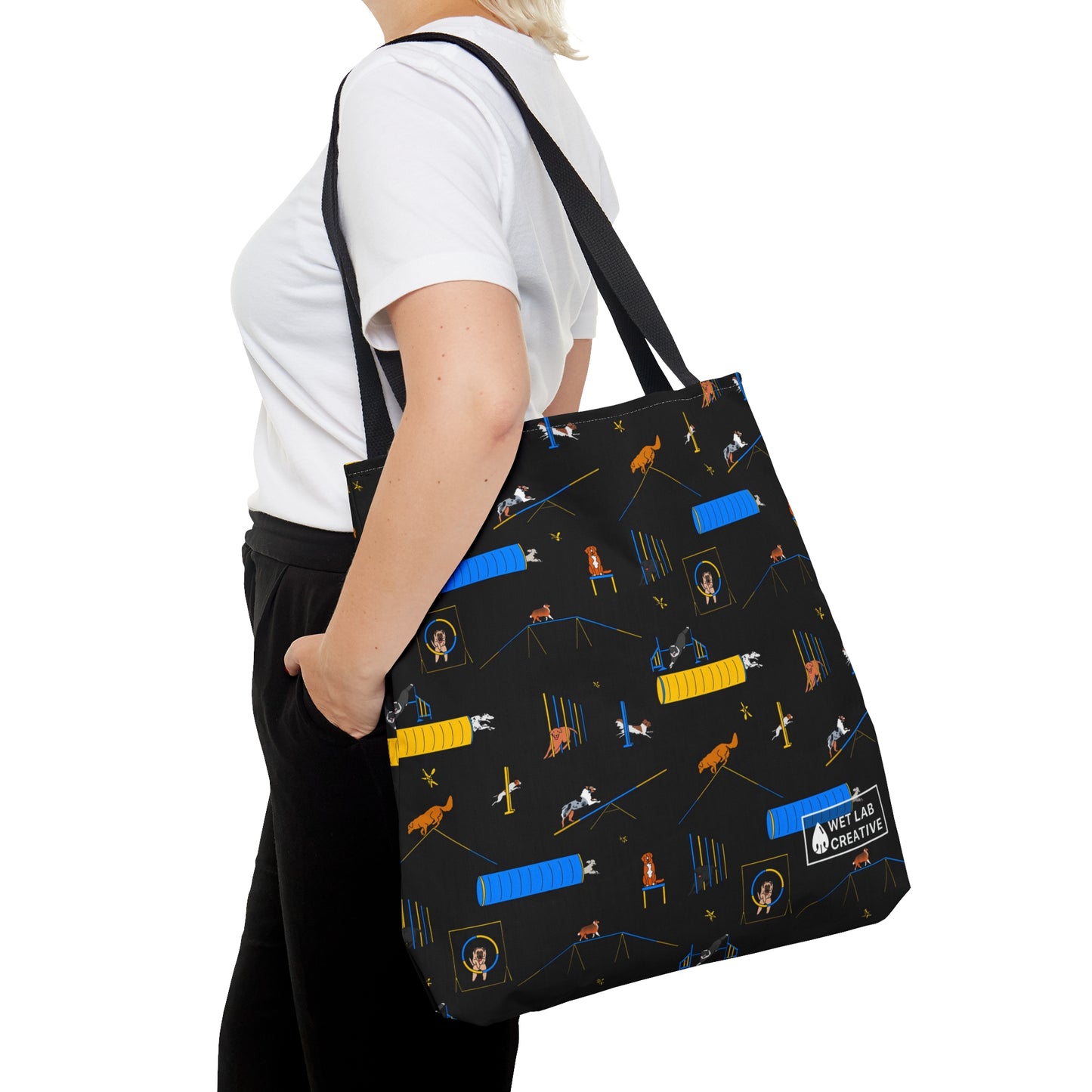 Agility Dog Pattern Tote Bag in Teal Pink Black White and Charcoal