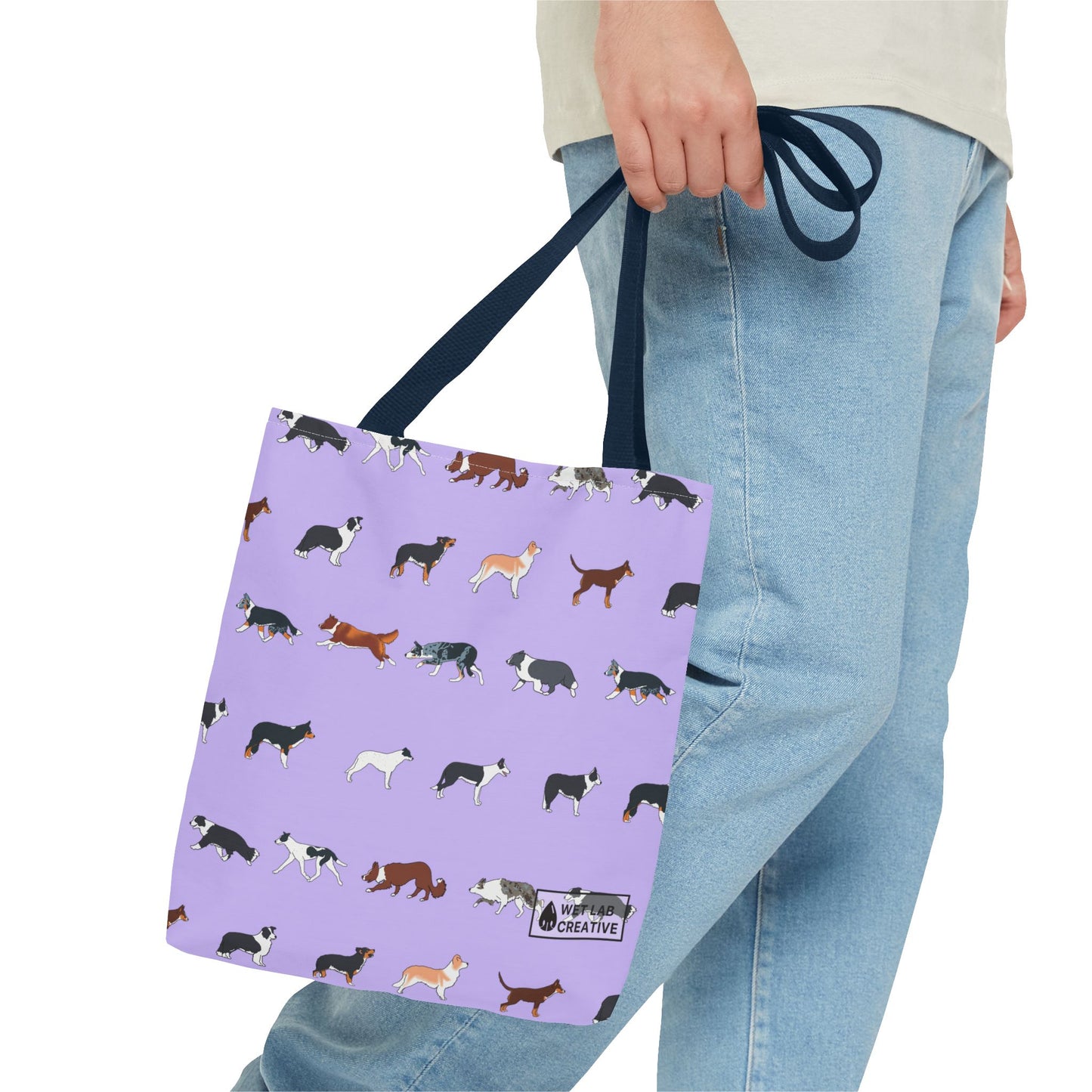 Border collie Breed Pattern Tote Bag in Lavender Dusky Blue and Gray