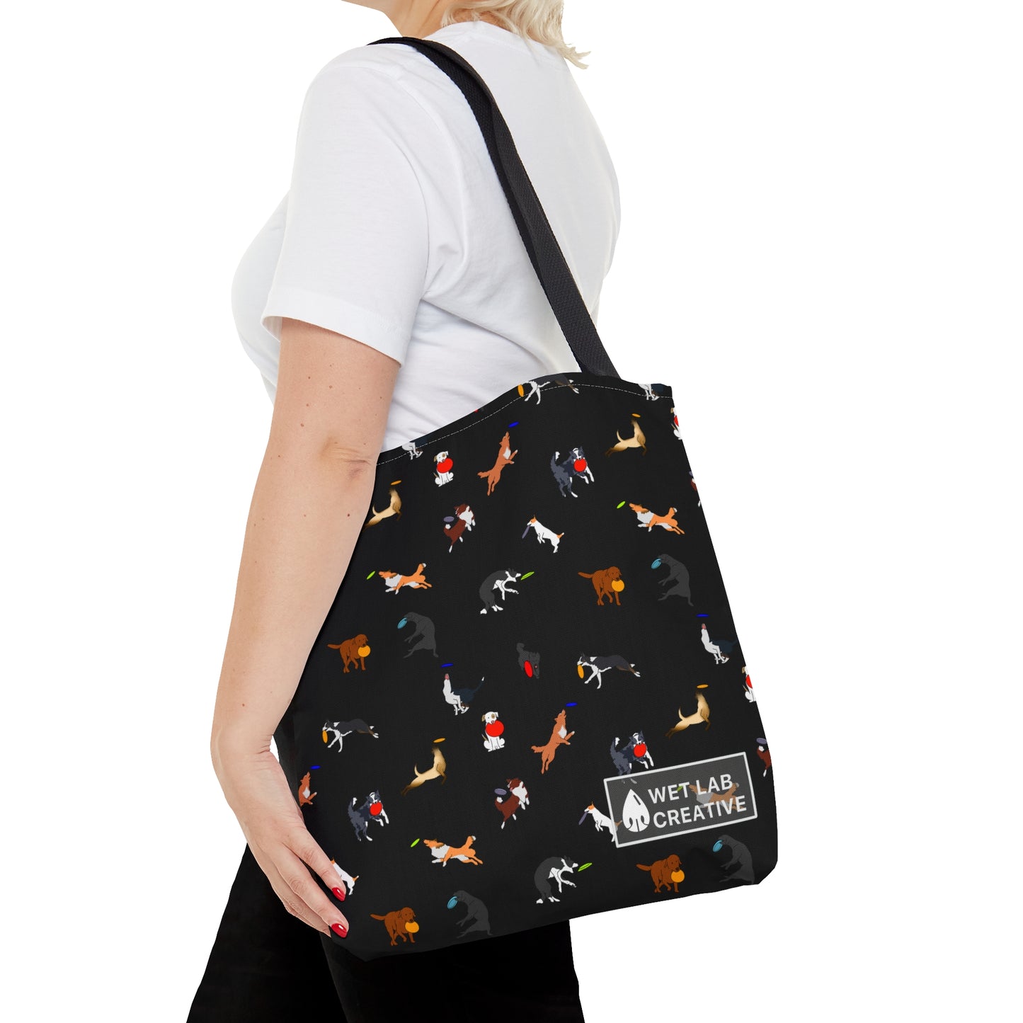 Frisbee Disc Dog Pattern Tote Bag in Black Gray Purple and Dusky Blue