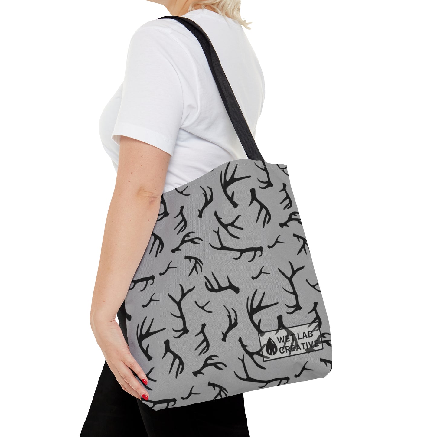 Deer Antler Shed Dog Pattern Tote Bag in Gray Orange Navy and Teal