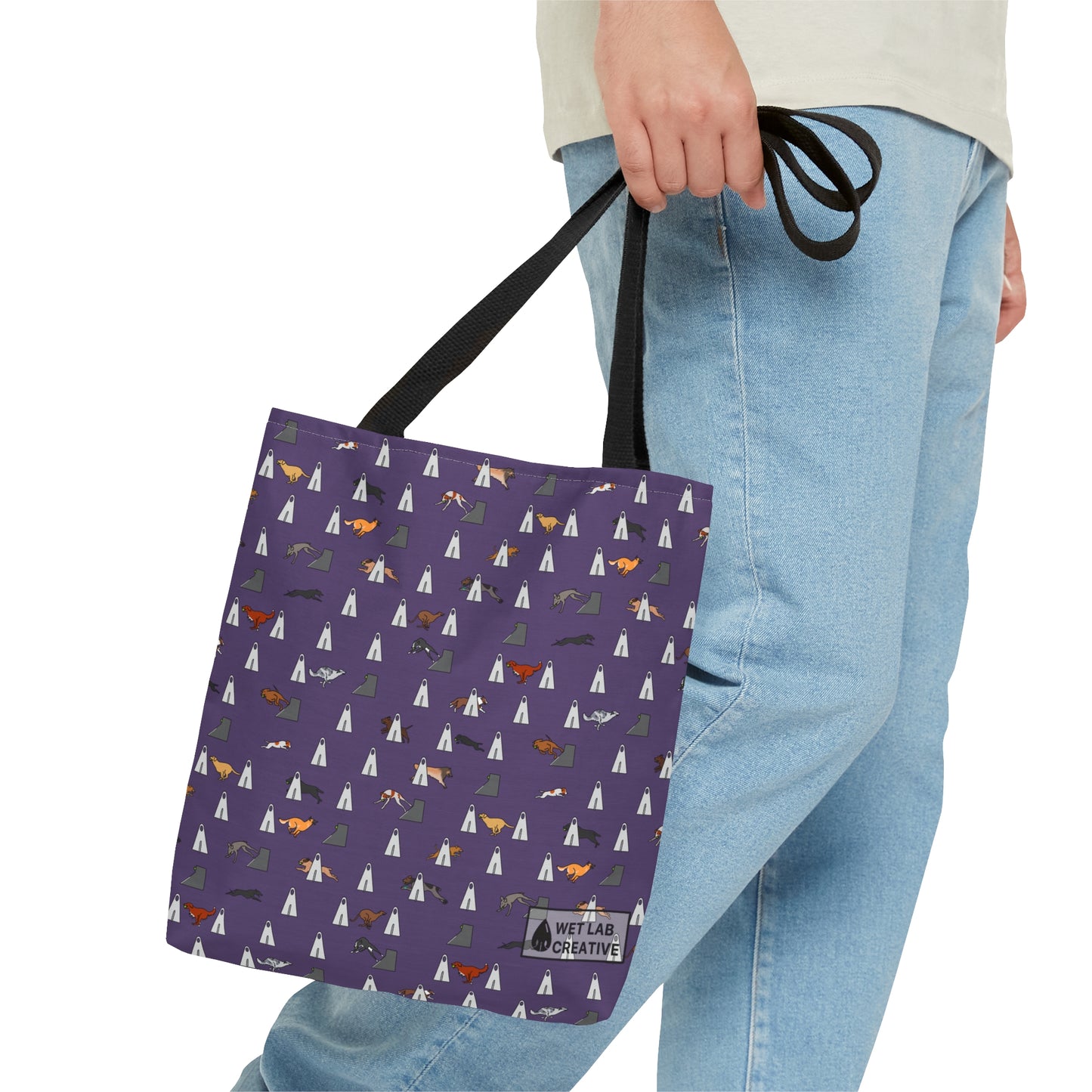 Flyball Dog Pattern Tote Bag in Purple Teal Gray and Dusky Blue