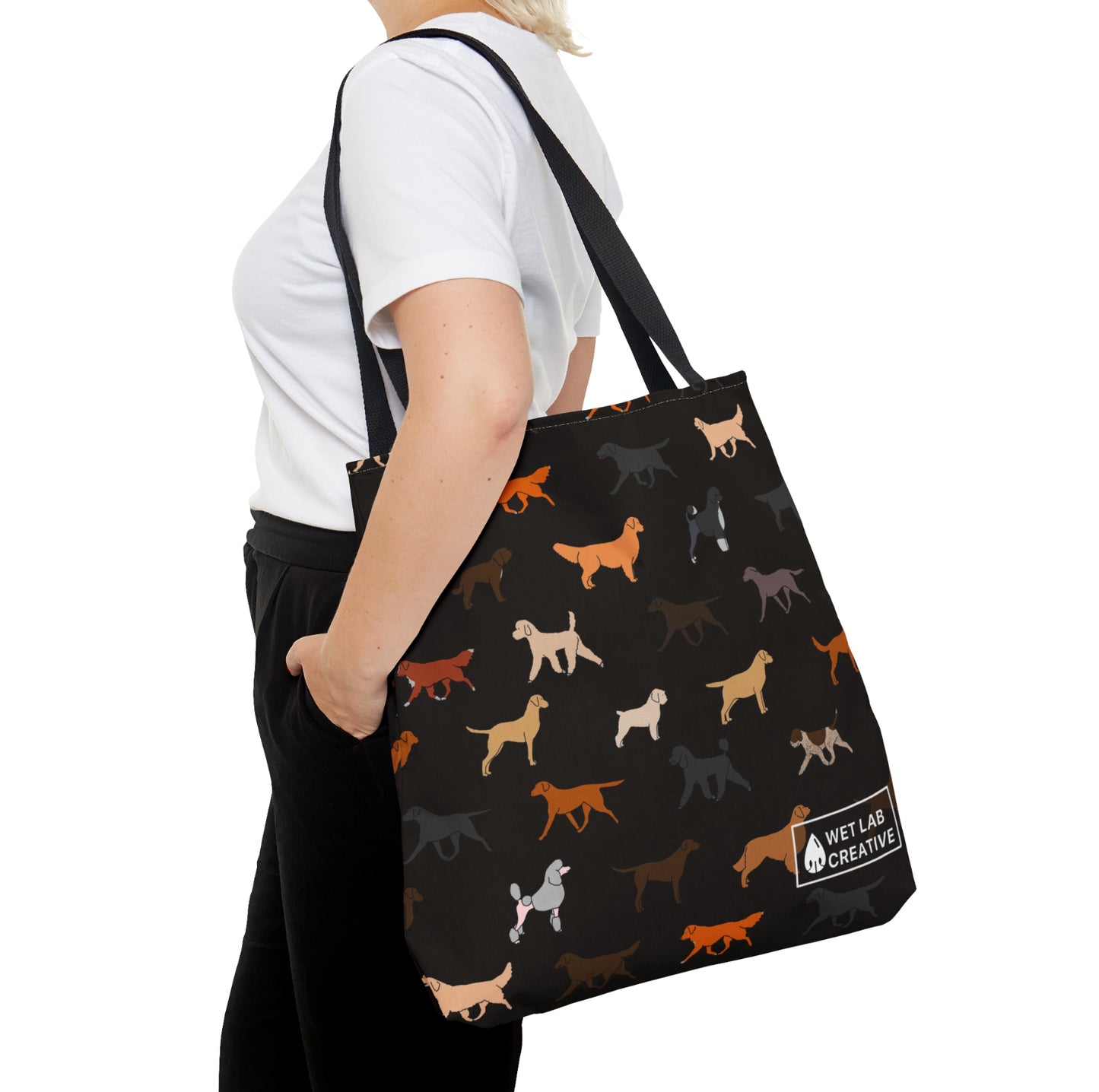 Retrieving Breeds Dog Pattern Tote Bag in White, Purple, Black and Green