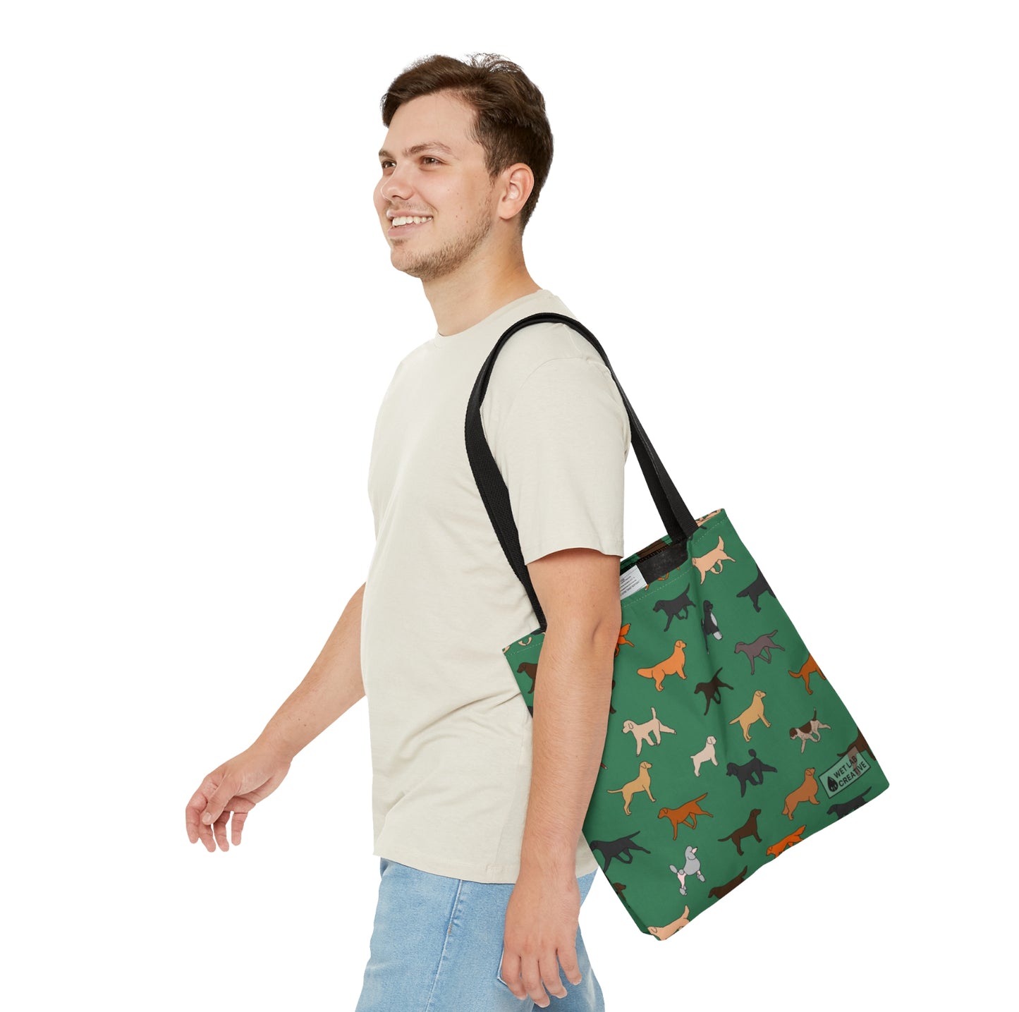 Retrieving Breeds Dog Pattern Tote Bag in White, Purple, Black and Green