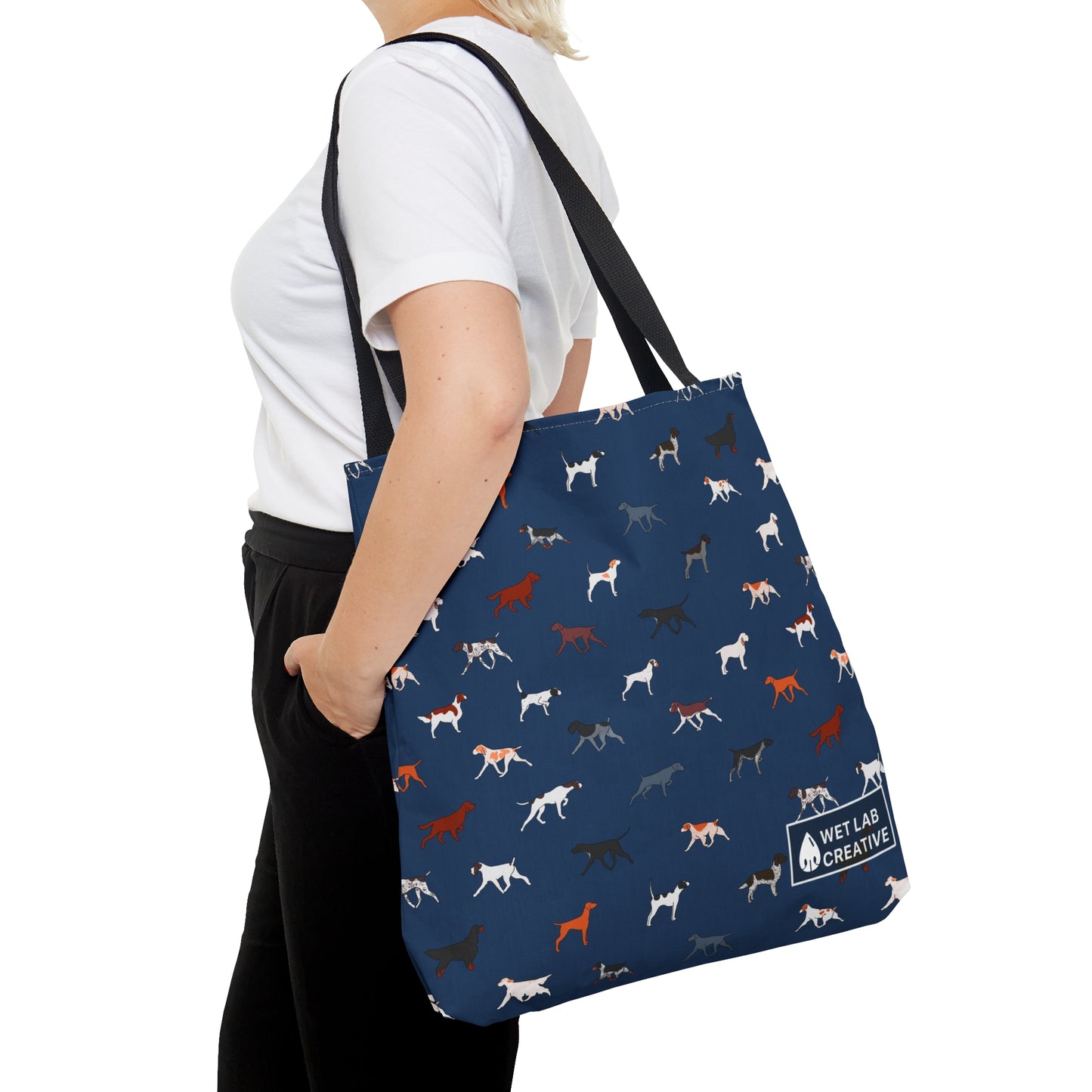 Pointing Breeds Dog Pattern Tote Bag in White, Green, Blue and Grey