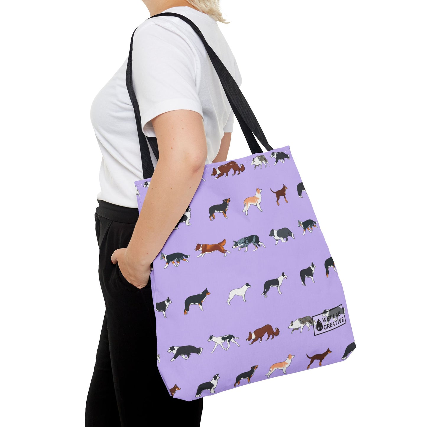 Border collie Breed Pattern Tote Bag in Lavender Dusky Blue and Gray