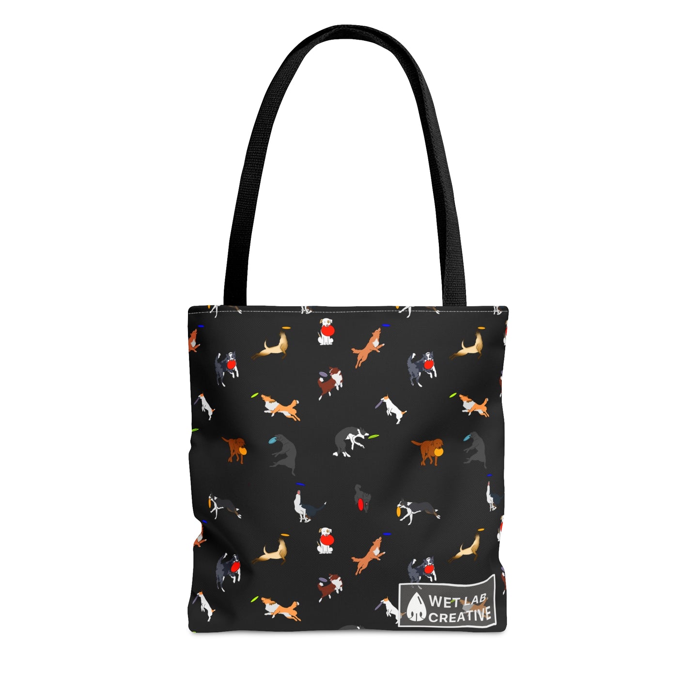 Frisbee Disc Dog Pattern Tote Bag in Black Gray Purple and Dusky Blue