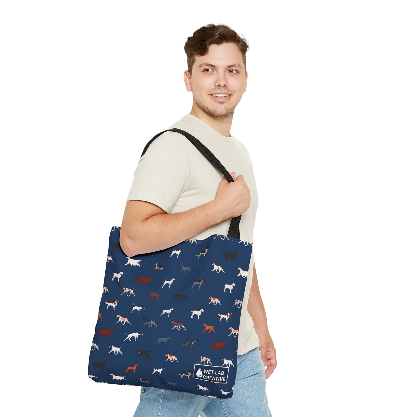 Pointing Breeds Dog Pattern Tote Bag in White, Green, Blue and Grey