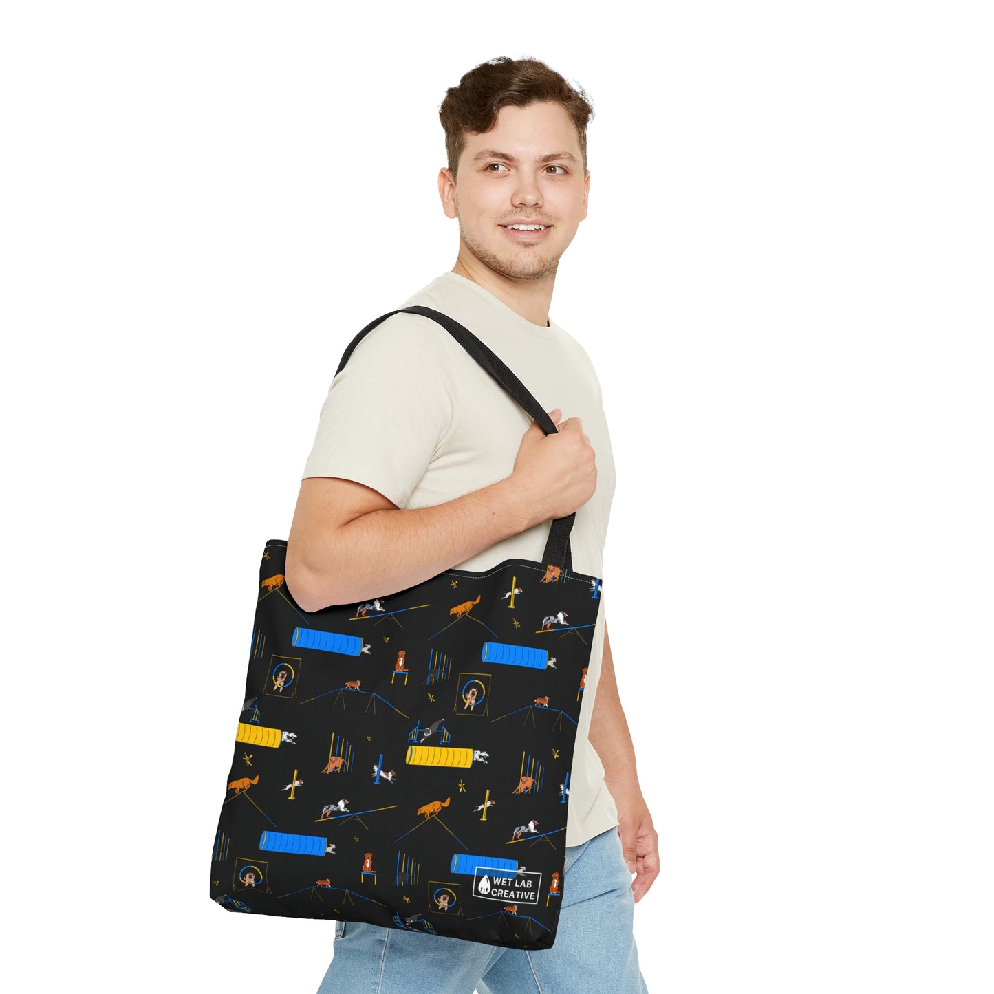 Agility Dog Pattern Tote Bag in Teal Pink Black White and Charcoal
