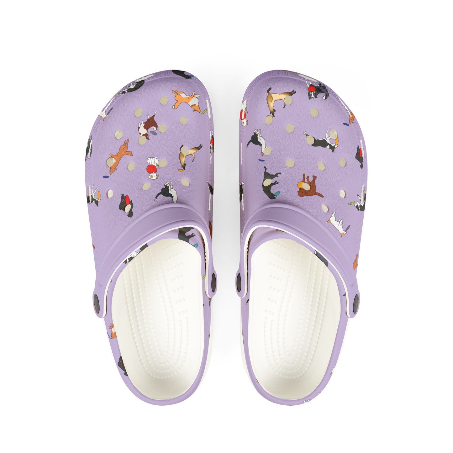 Disc Frisbee Dog Pattern | EVA Foam Clogs Crocs Shoes in Lavender Teal Black and White