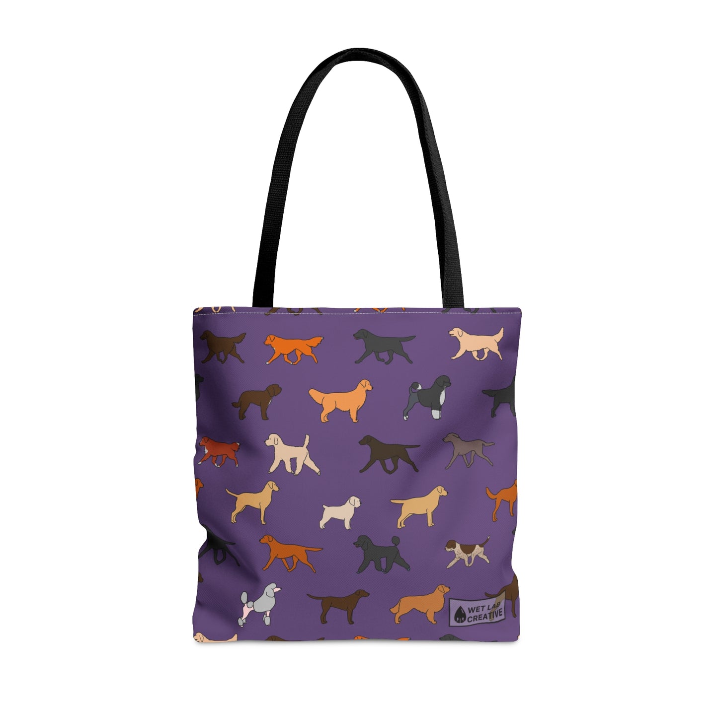 Retrieving Breeds Dog Pattern Tote Bag in White, Purple, Black and Green