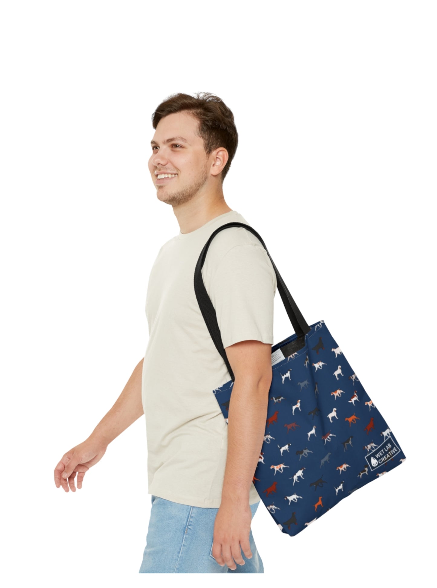 Pointing Breeds Dog Pattern Tote Bag in White, Green, Blue and Grey