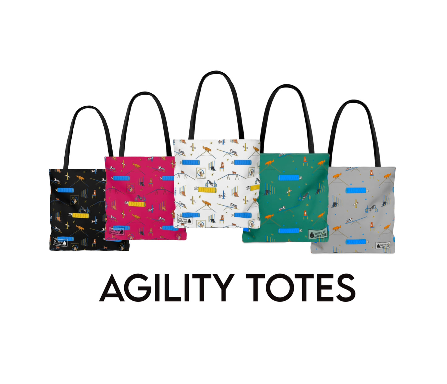 Agility Dog Pattern Tote Bag in Teal Pink Black White and Charcoal