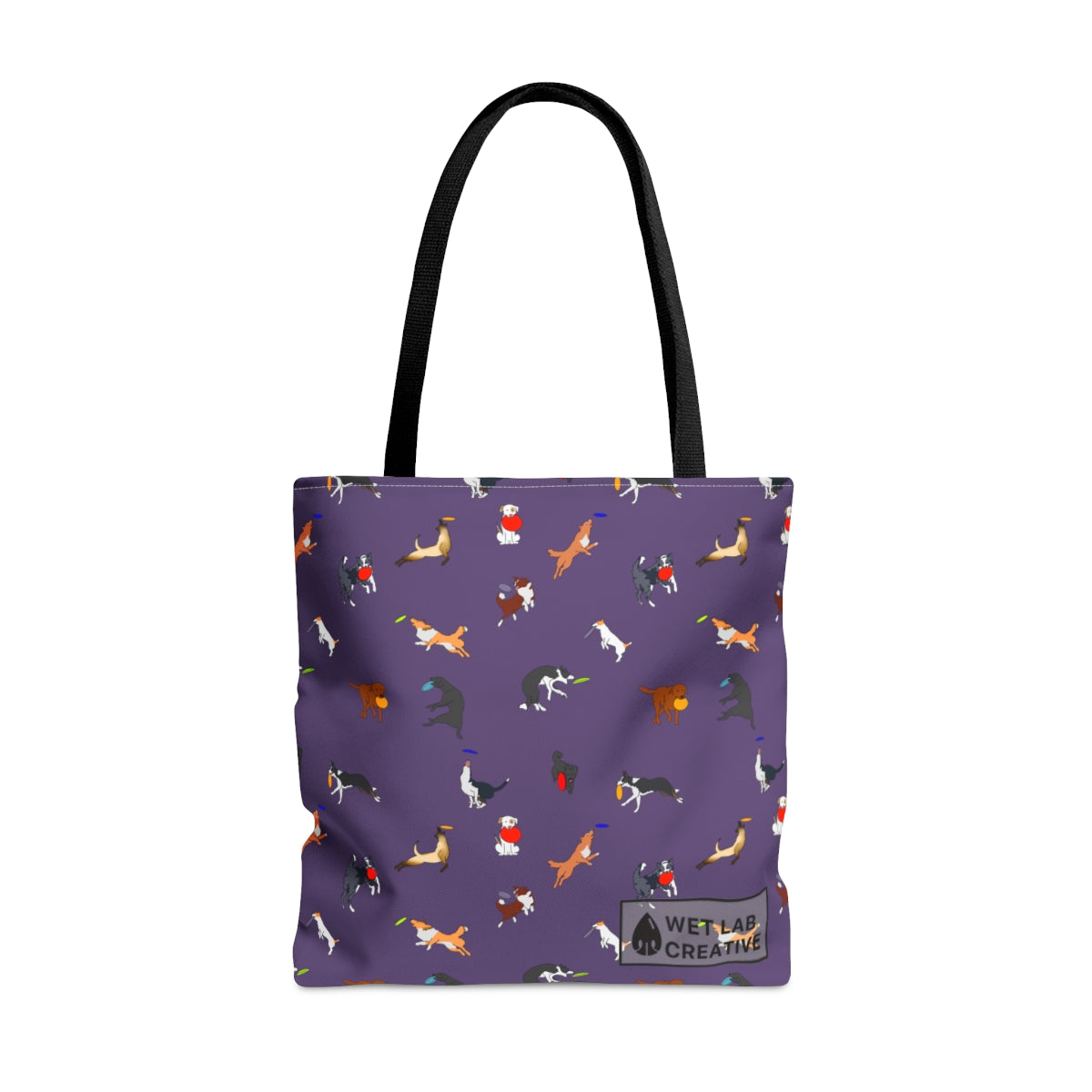 Frisbee Disc Dog Pattern Tote Bag in Black Gray Purple and Dusky Blue