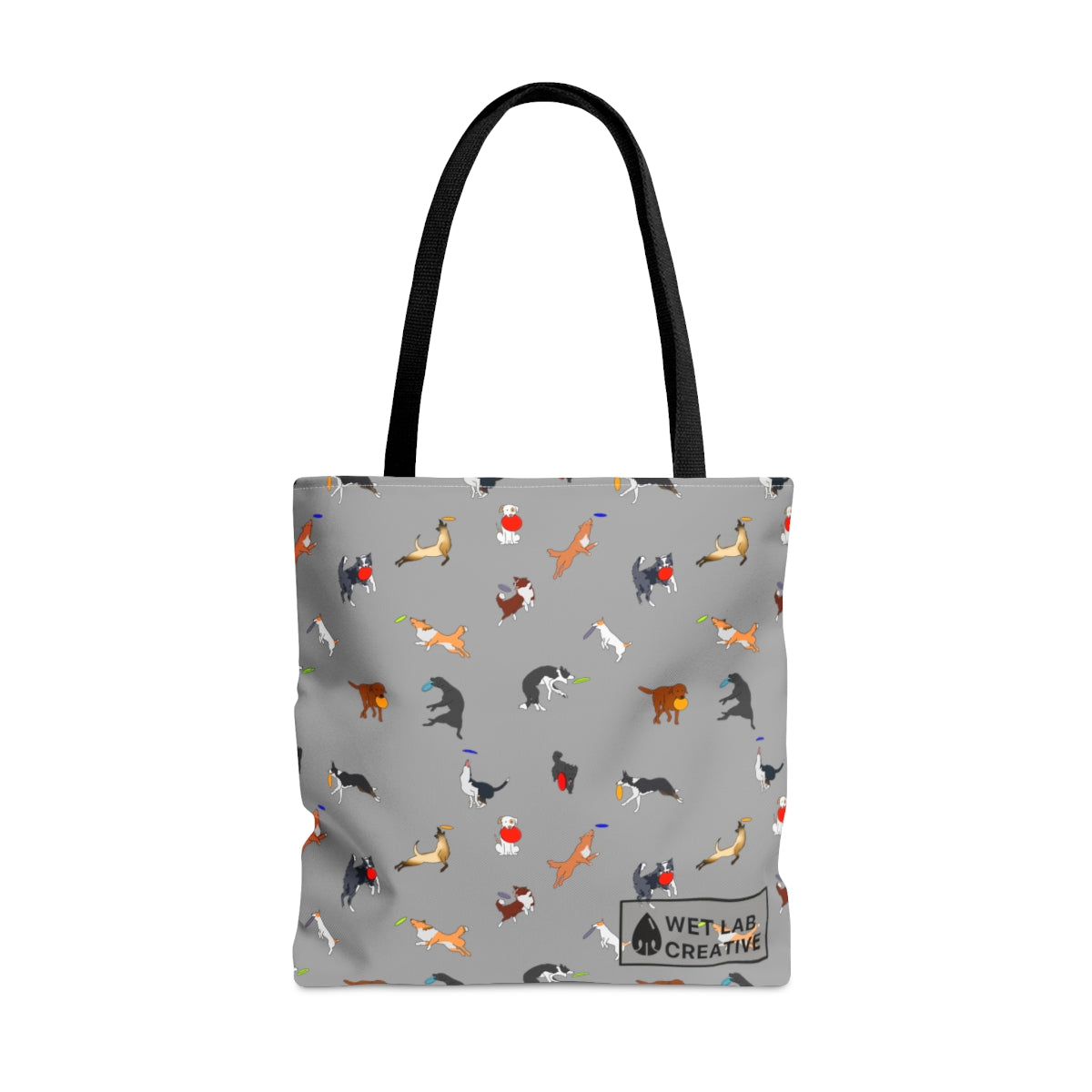 Frisbee Disc Dog Pattern Tote Bag in Black Gray Purple and Dusky Blue