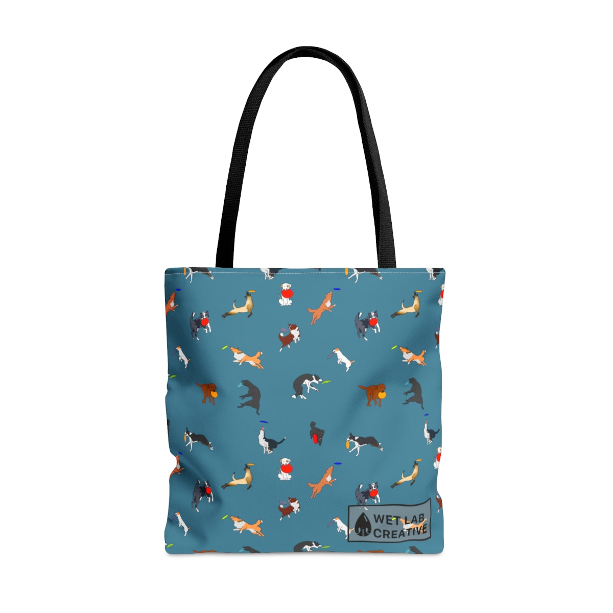 Frisbee Disc Dog Pattern Tote Bag in Black Gray Purple and Dusky Blue