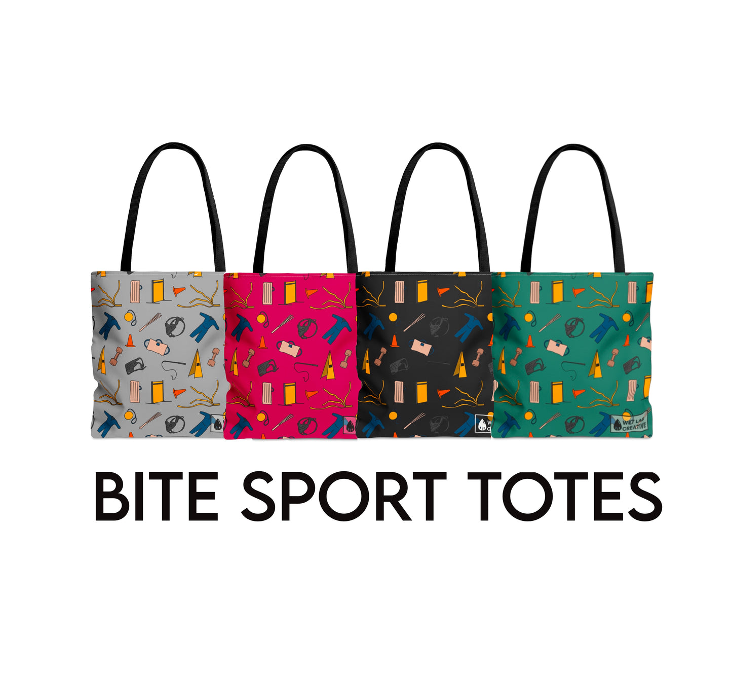 Bite Sport Dog Pattern Tote Bag in Grey, Black, Teal and Pink