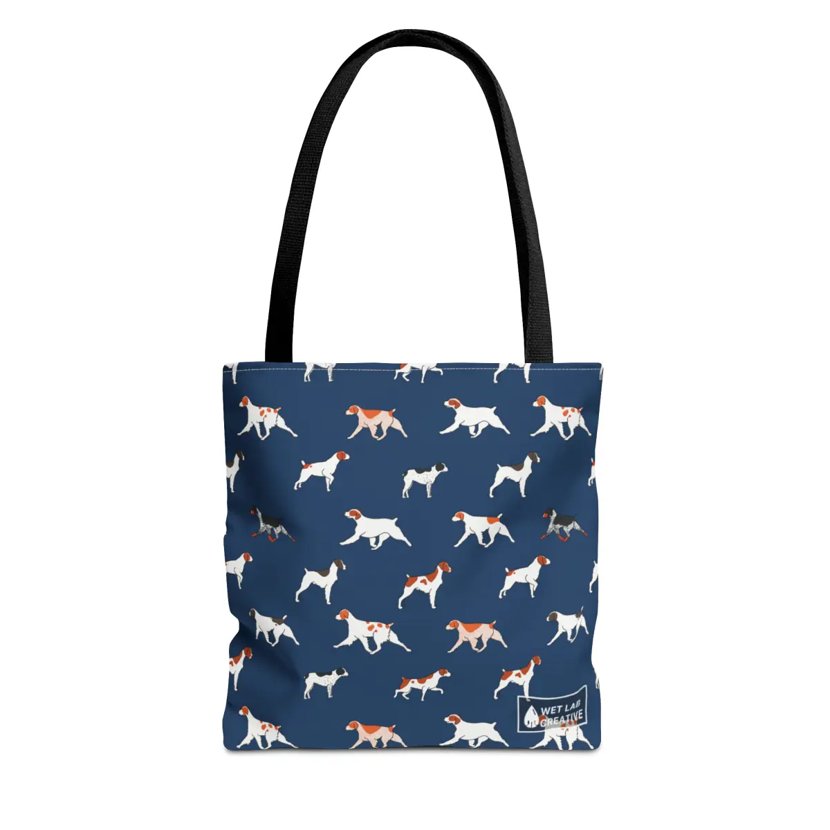 Brittany Breed Dog Pattern Tote Bag in Navy Teal Pink and Gray