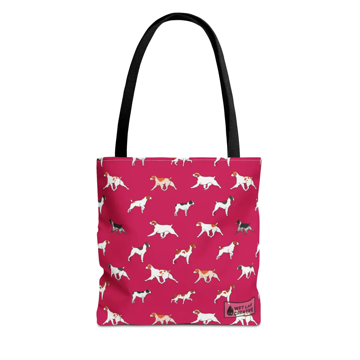 Brittany Breed Dog Pattern Tote Bag in Navy Teal Pink and Gray