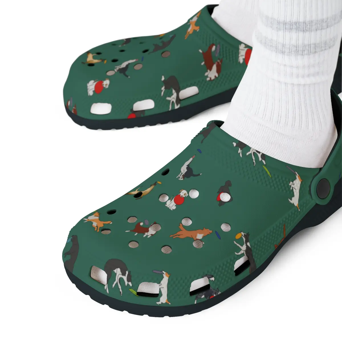 Disc Frisbee Dog Pattern | EVA Foam Clogs Crocs Shoes in Lavender Teal Black and White