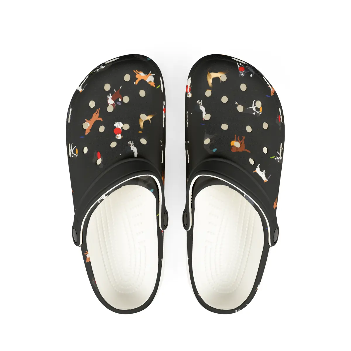 Disc Frisbee Dog Pattern | EVA Foam Clogs Crocs Shoes in Lavender Teal Black and White