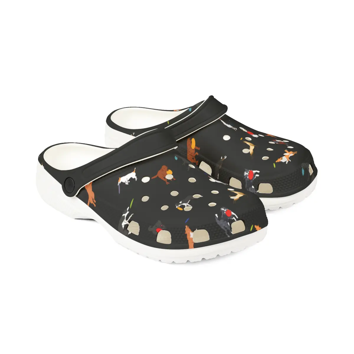 Disc Frisbee Dog Pattern | EVA Foam Clogs Crocs Shoes in Lavender Teal Black and White