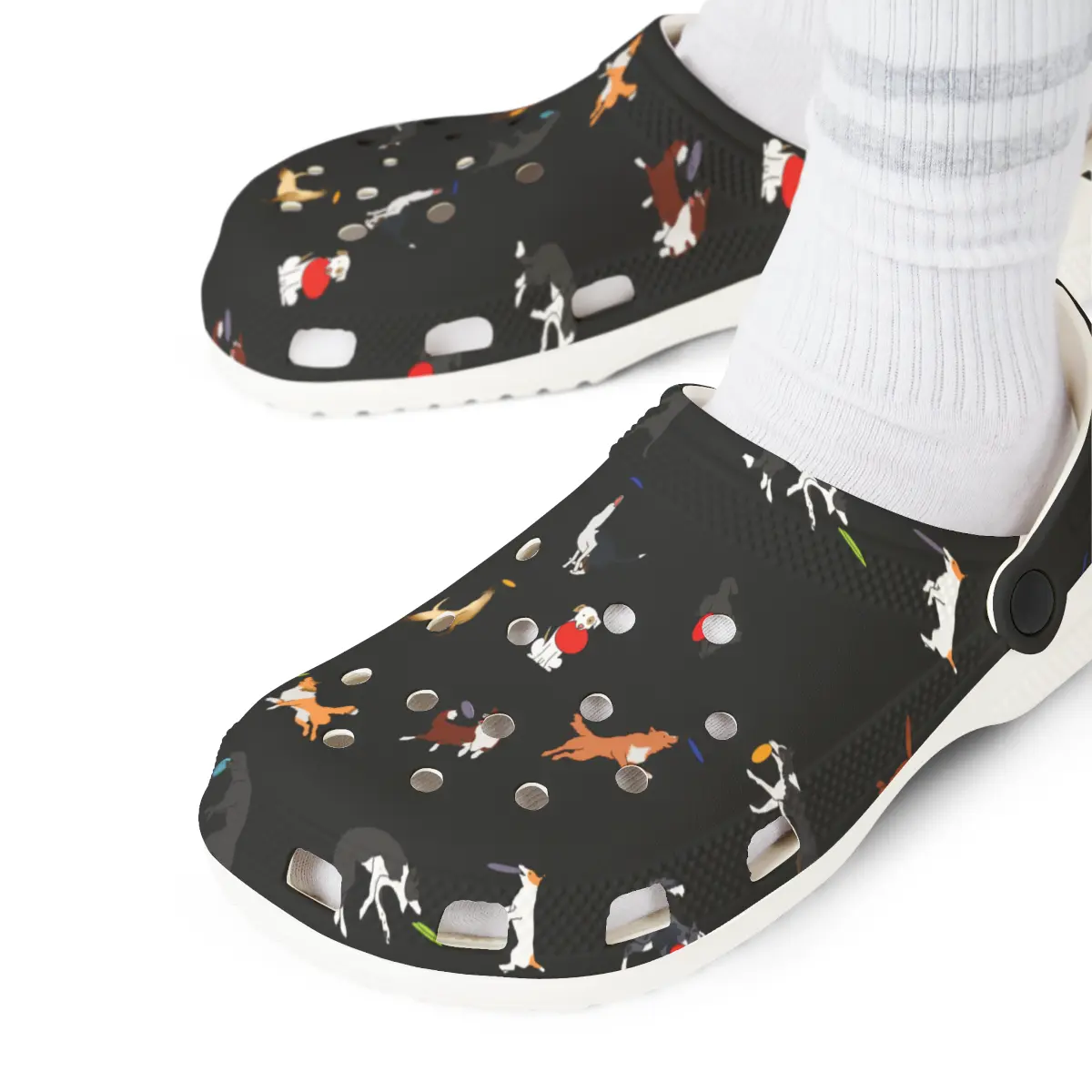 Disc Frisbee Dog Pattern | EVA Foam Clogs Crocs Shoes in Lavender Teal Black and White