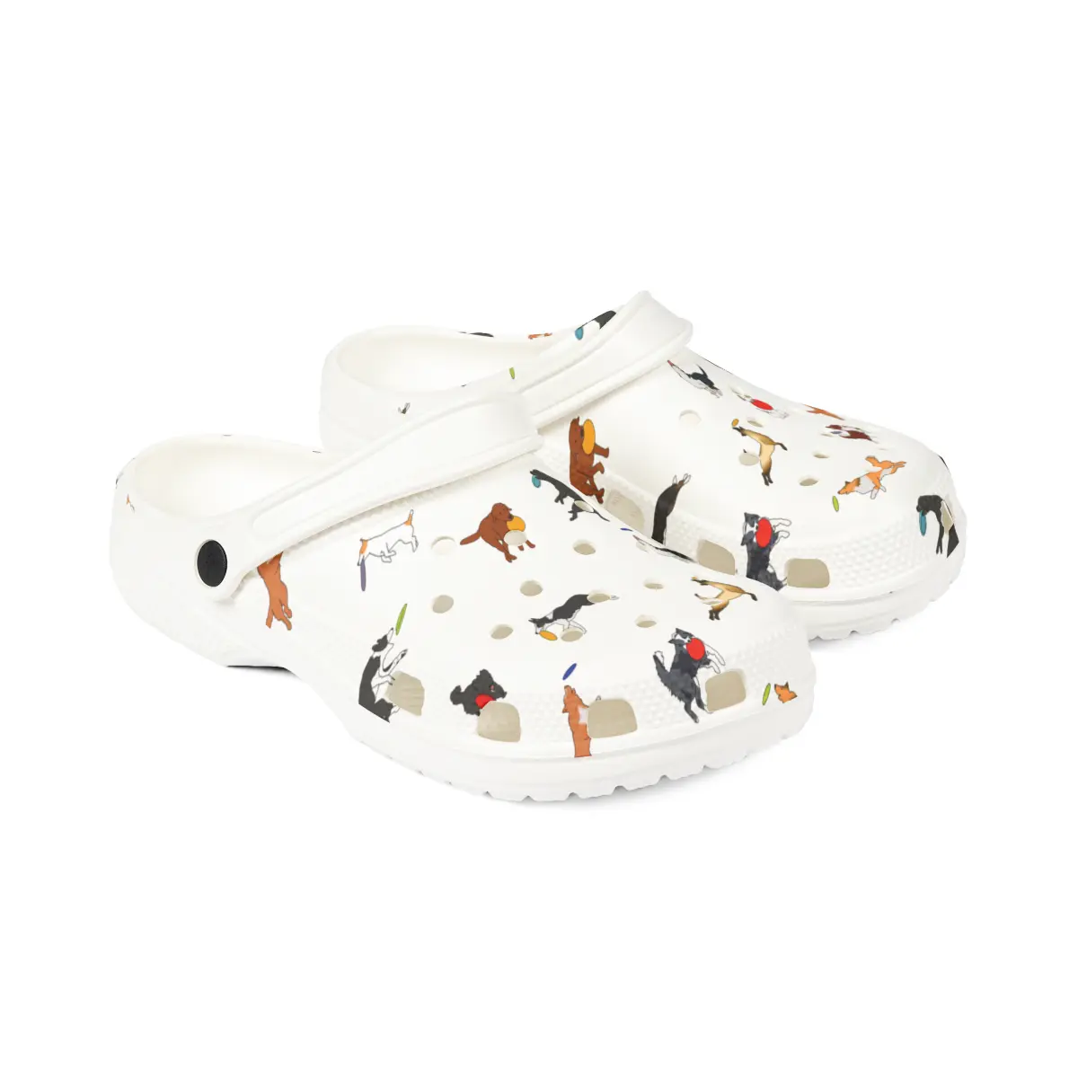 Disc Frisbee Dog Pattern | EVA Foam Clogs Crocs Shoes in Lavender Teal Black and White