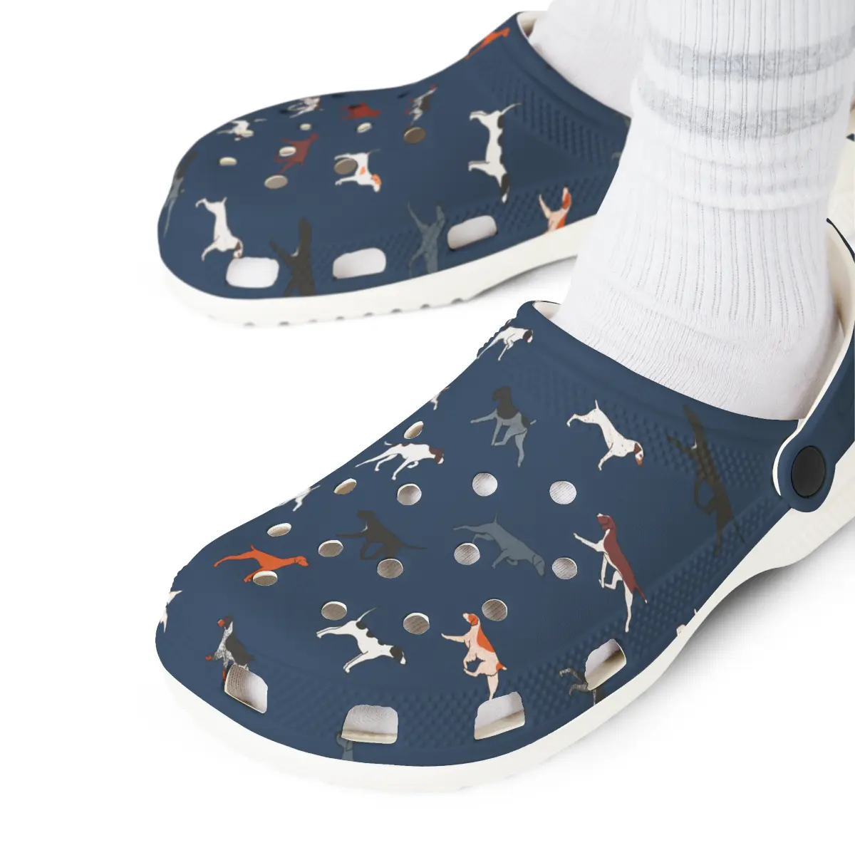 Pointing Breeds | EVA Foam Clogs Crocs Shoes in Navy Grey Teal and White