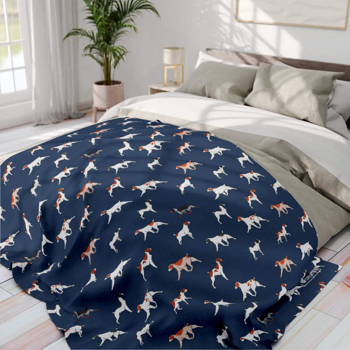 Brittany Breed Dog Pattern Arctic Fleece Blanket in Pink Teal Navy and Gray