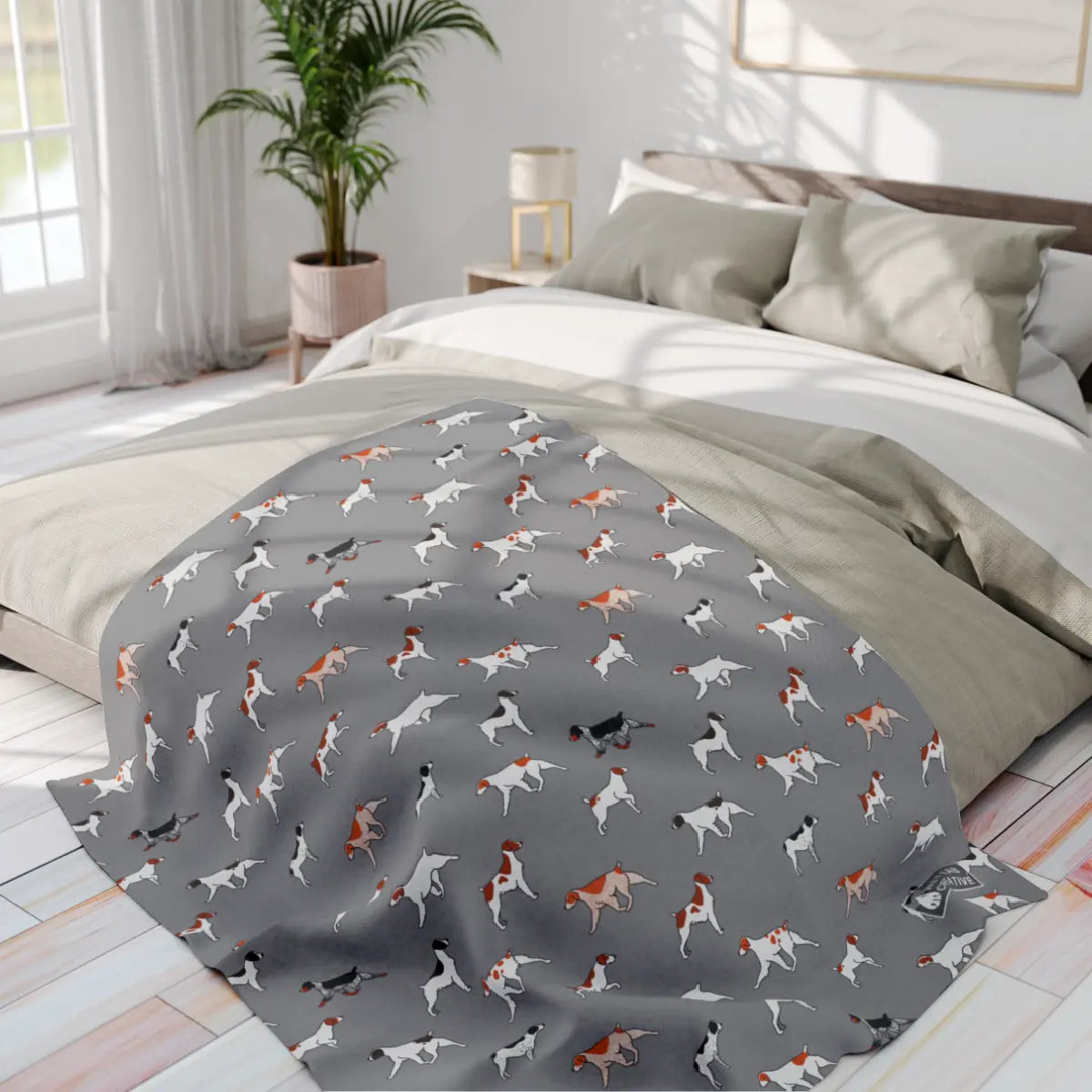 Brittany Breed Dog Pattern Arctic Fleece Blanket in Pink Teal Navy and Gray