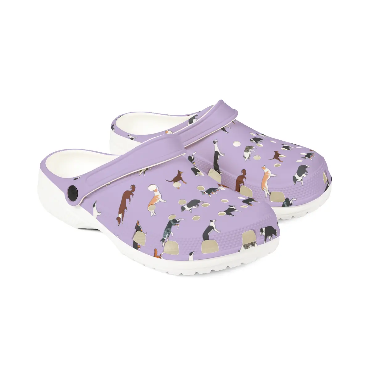 Border Collie Breed Pattern | EVA Foam Clogs Crocs Shoes in Lavender Gray White and Dusky Blue
