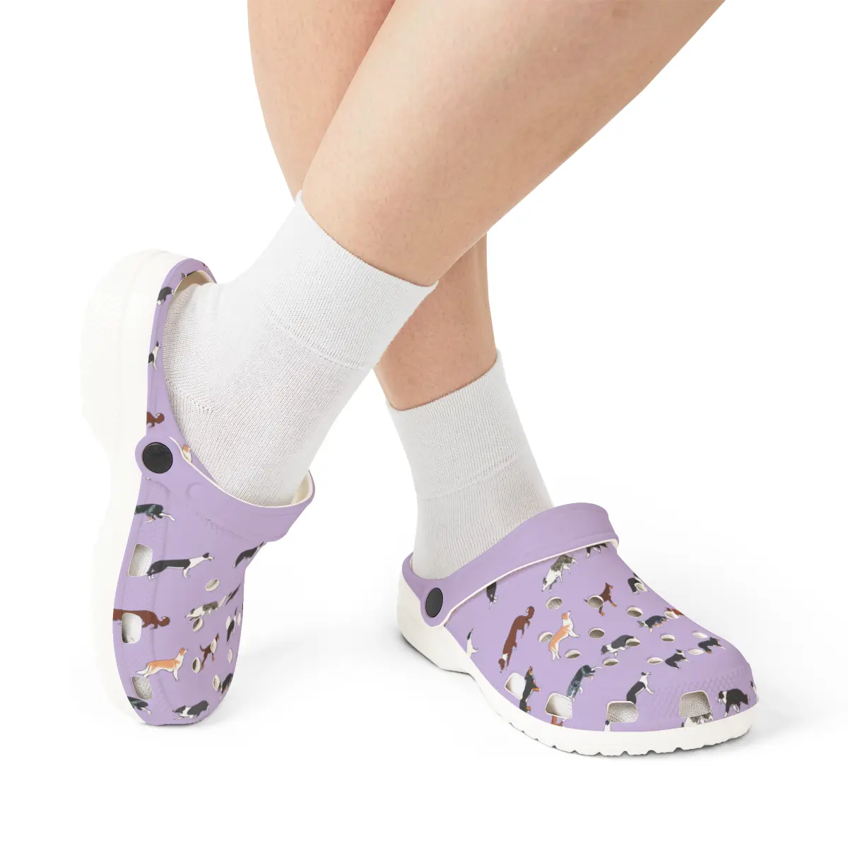 Border Collie Breed Pattern | EVA Foam Clogs Crocs Shoes in Lavender Gray White and Dusky Blue