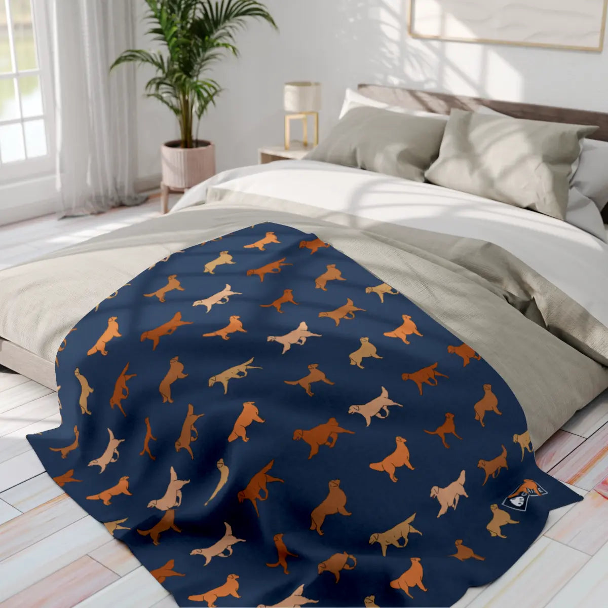 Golden Retriever Breed Dog Pattern Arctic Fleece Blanket in White Navy Teal and Purple