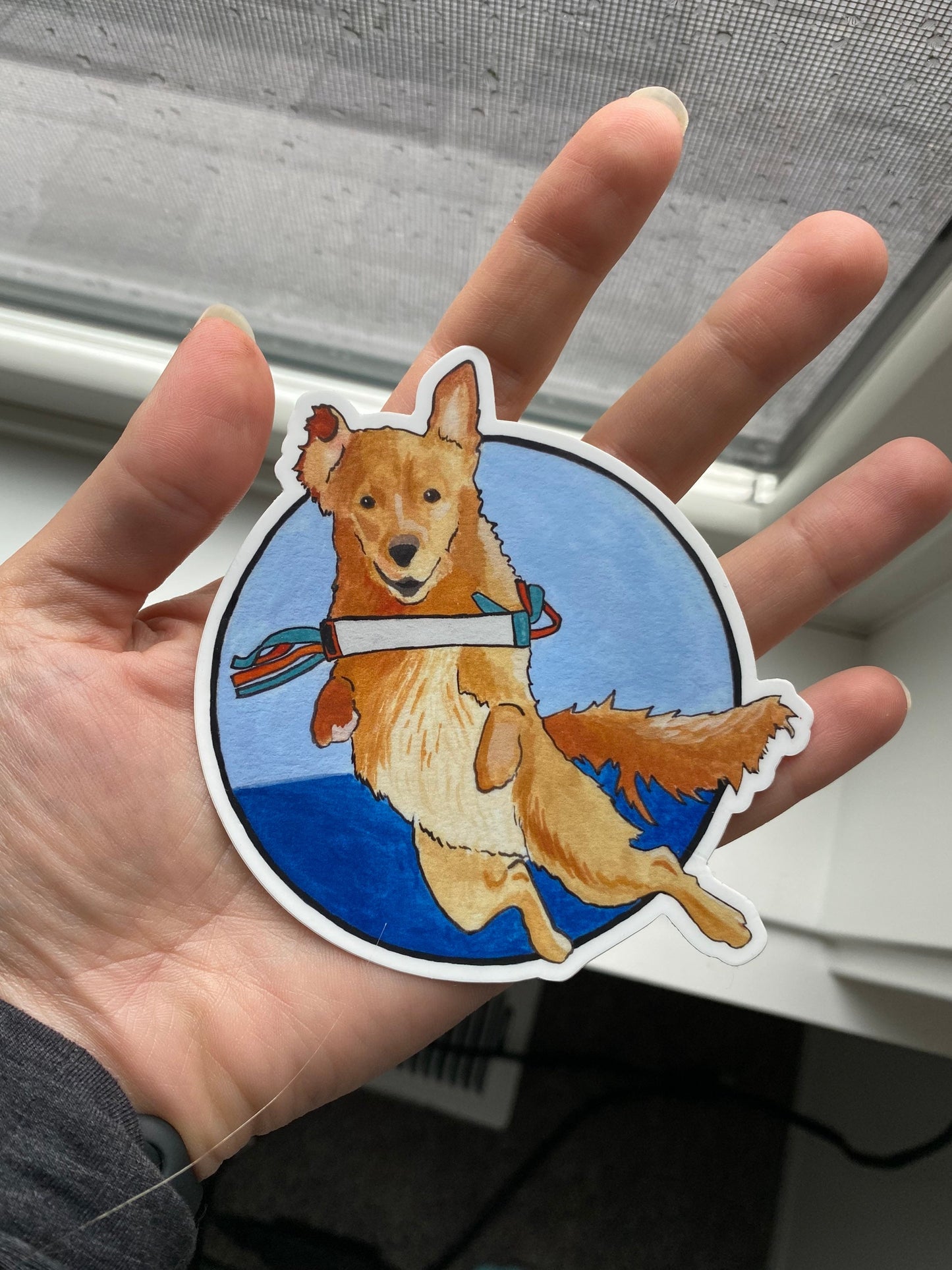 Golden Retriever Dock Diving Retrieving Circle 4" Die Cut Vinyl Sticker Decal: Durable Matte-Finish