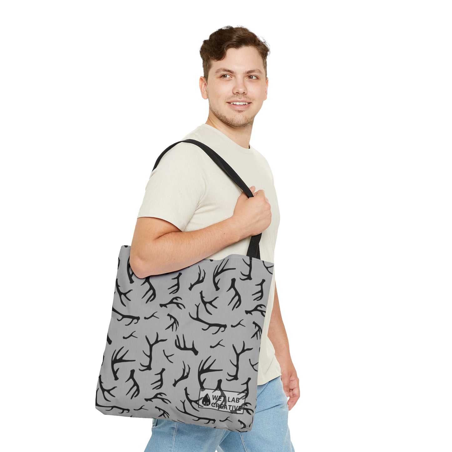 Deer Antler Shed Dog Pattern Tote Bag in Gray Orange Navy and Teal