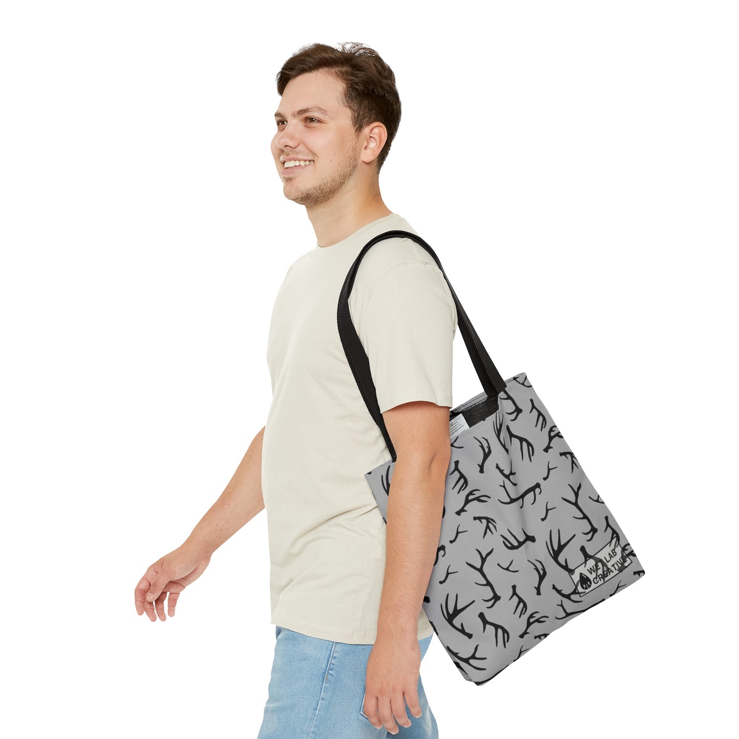 Deer Antler Shed Dog Pattern Tote Bag in Gray Orange Navy and Teal